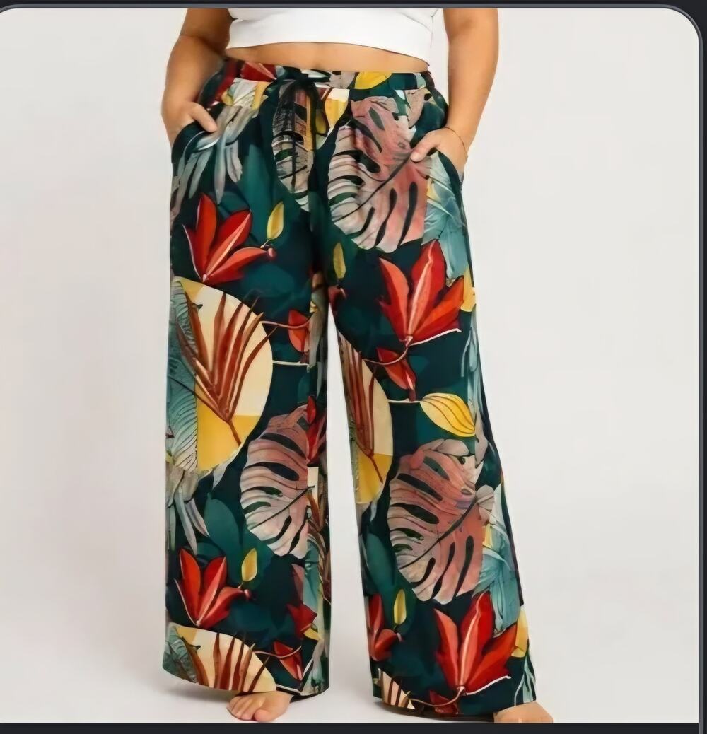 CALIA Womens XL Linen Blend Tropical Floral Wide Leg Drawstring Pants Abstract
